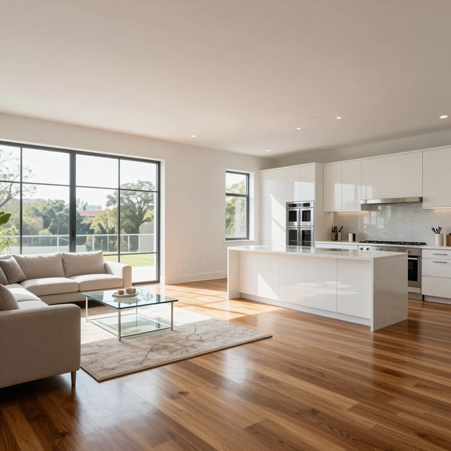 Bright modern living room with wood floors, white kitchen island, sofa, and large windows overlooking greenery