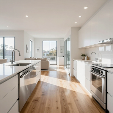 Bright modern kitchen with white cabinets, stainless appliances, and sunlit hardwood floors opening to a living room