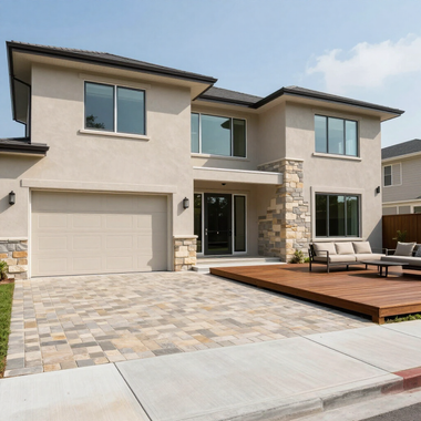 Modern two-story beige house with a garage, stone accents, and a large front patio and driveway