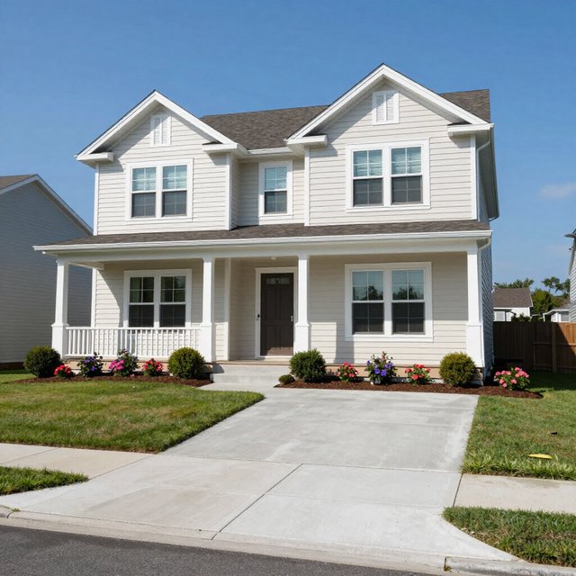 Two-story white suburban house with a front porch, driveway, and flower beds under a clear blue sky