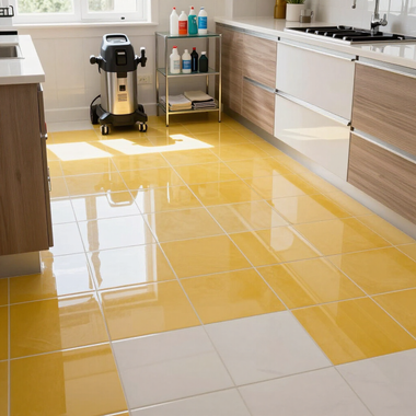 Bright yellow tiled kitchen floor with a mop and cleaning supplies near the sink and counters