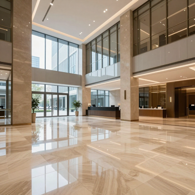 Bright modern office lobby with marble floors, glass walls, and high ceilings