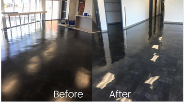 Shiny black floor in a room, comparing “Before” and “After” states side by side.