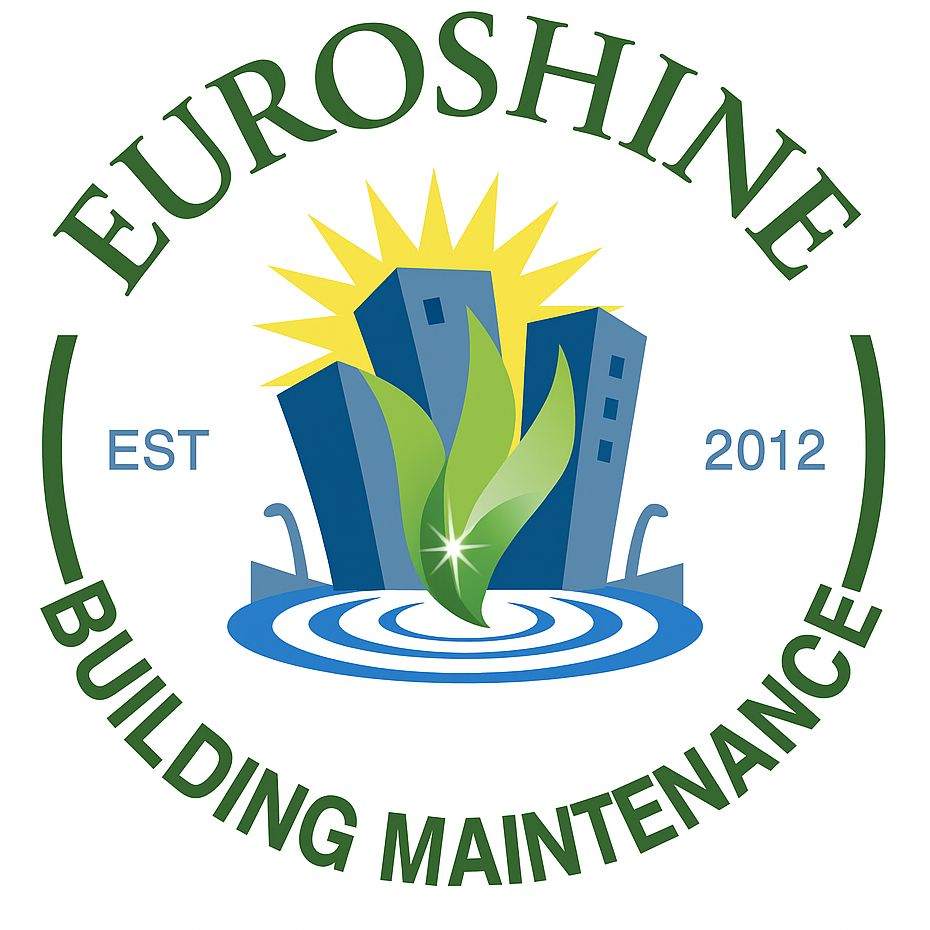 Euroshine Building Maintenance logo with green text, blue buildings, sun, and water rings; EST 2012