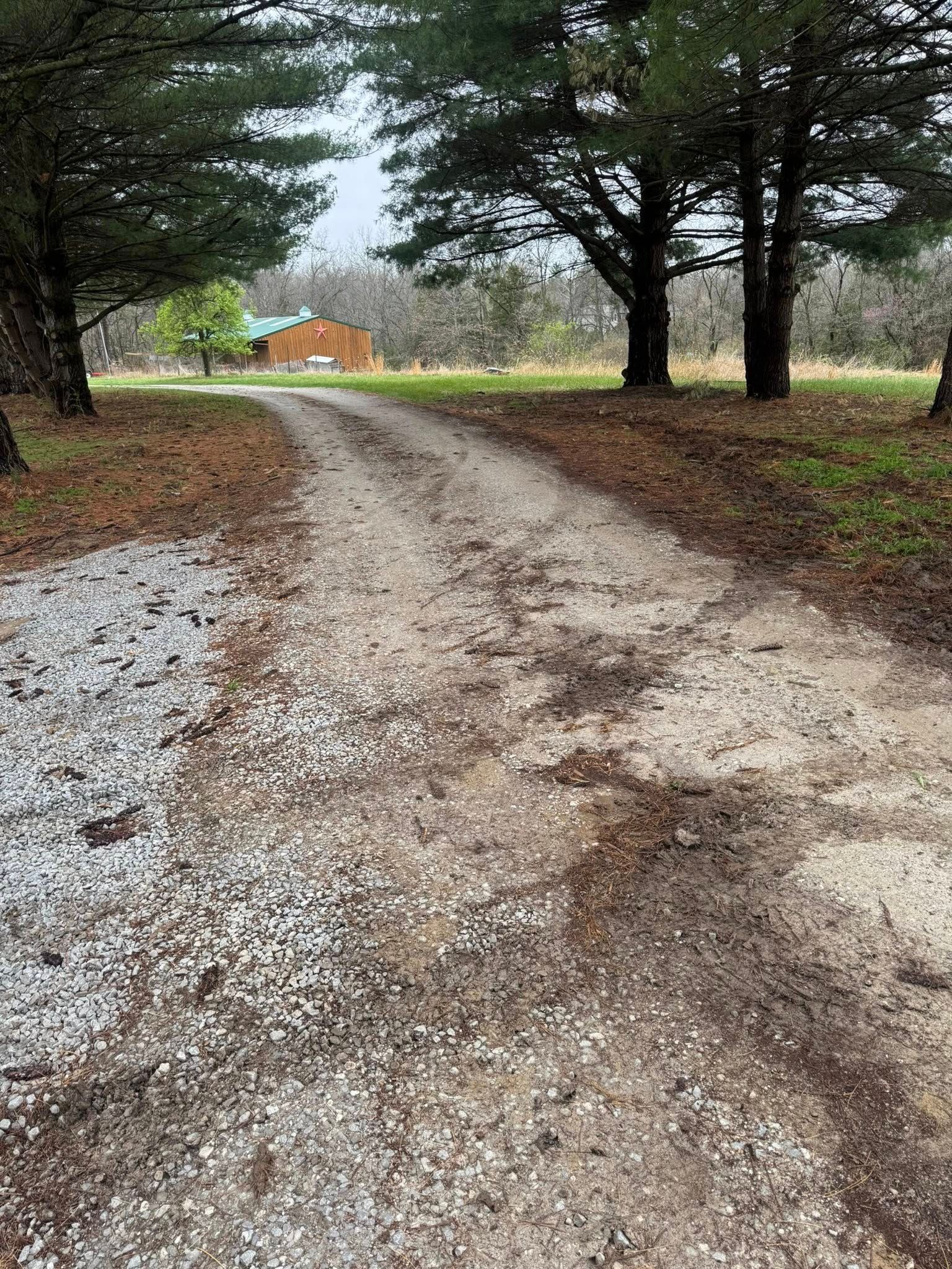 Gravel driveway lined with trees leading to a small brown house in the distance.