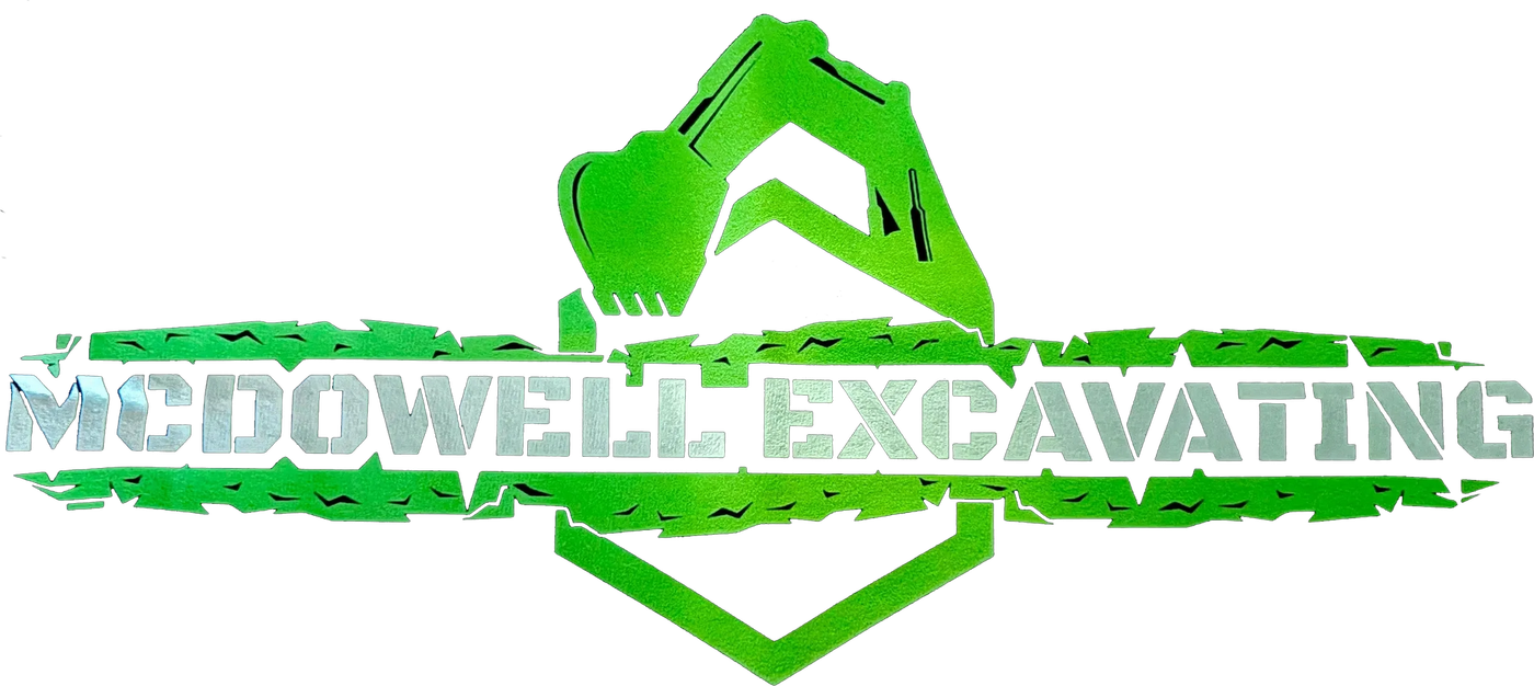 Green McDowell Excavating logo with excavator graphic and bold company name