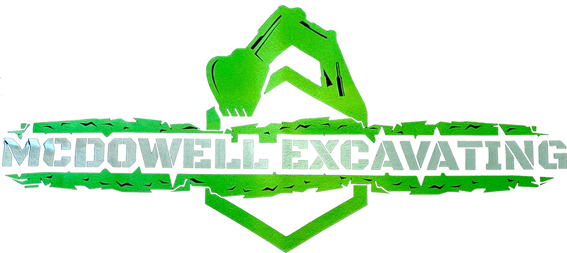Green McDowell Excavating logo with excavator graphic and bold company name