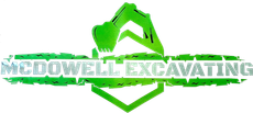 Green McDowell Excavating logo with excavator graphic and bold company name