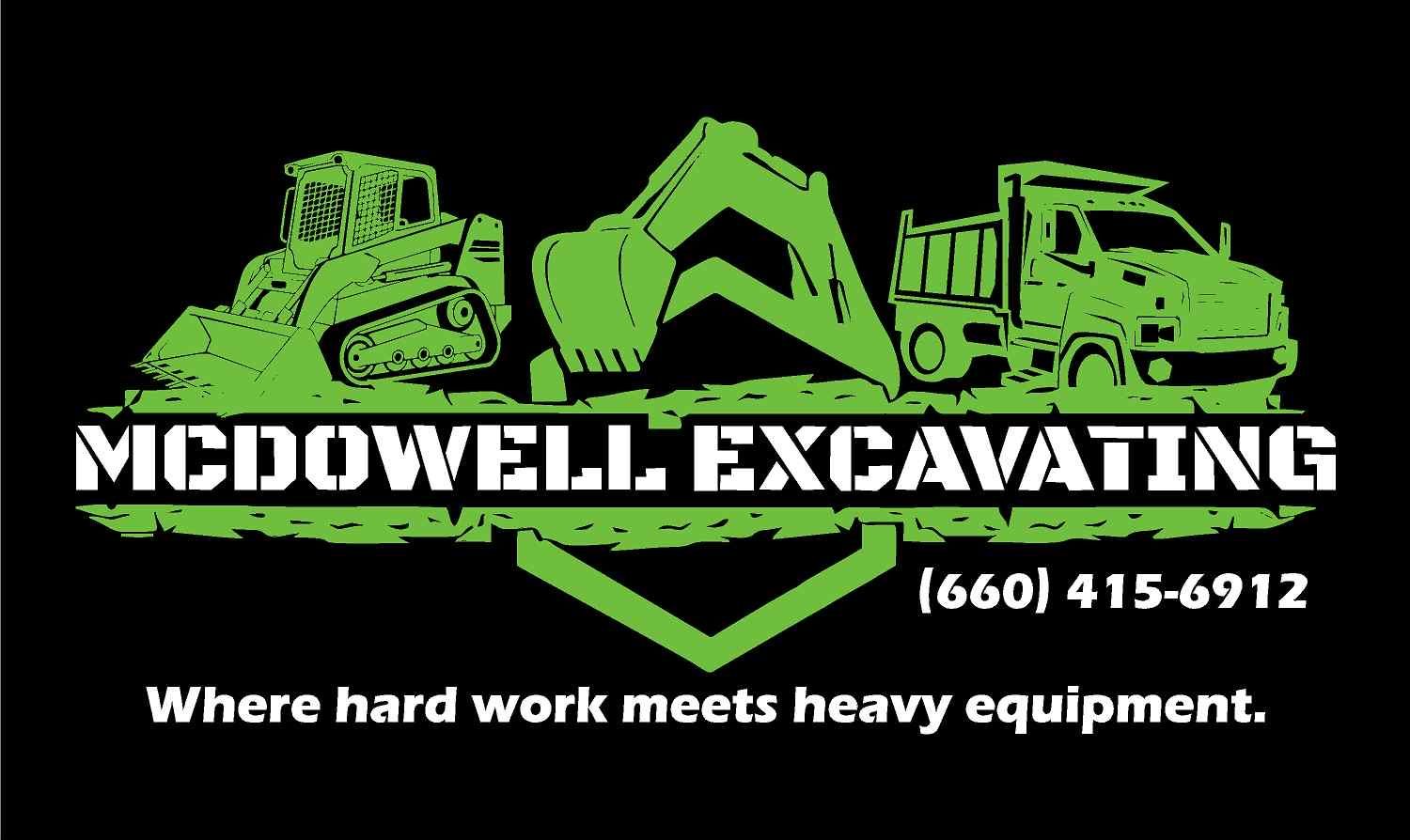 Green McDowell Excavating logo with excavator graphic and bold company name