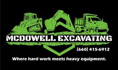 Green McDowell Excavating logo with excavator graphic and bold company name