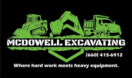 Green McDowell Excavating logo with excavator graphic and bold company name