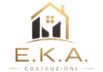Logo di EKA Costruzioni con contorno di casa dorato e icona geometrica di edificio nera su sfondo bianco.