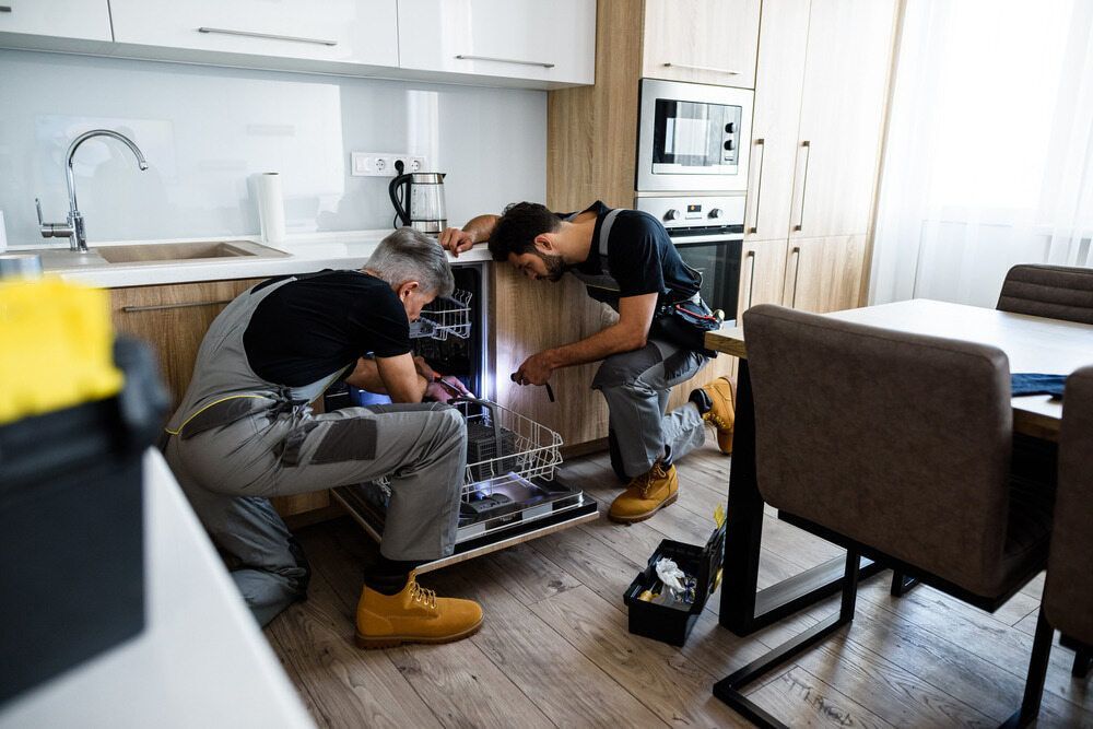 Two Men Are Working on a Dishwasher in a Kitchen — Patrick Lunney Home Appliance Service & Repairs in Maudsland, QLD