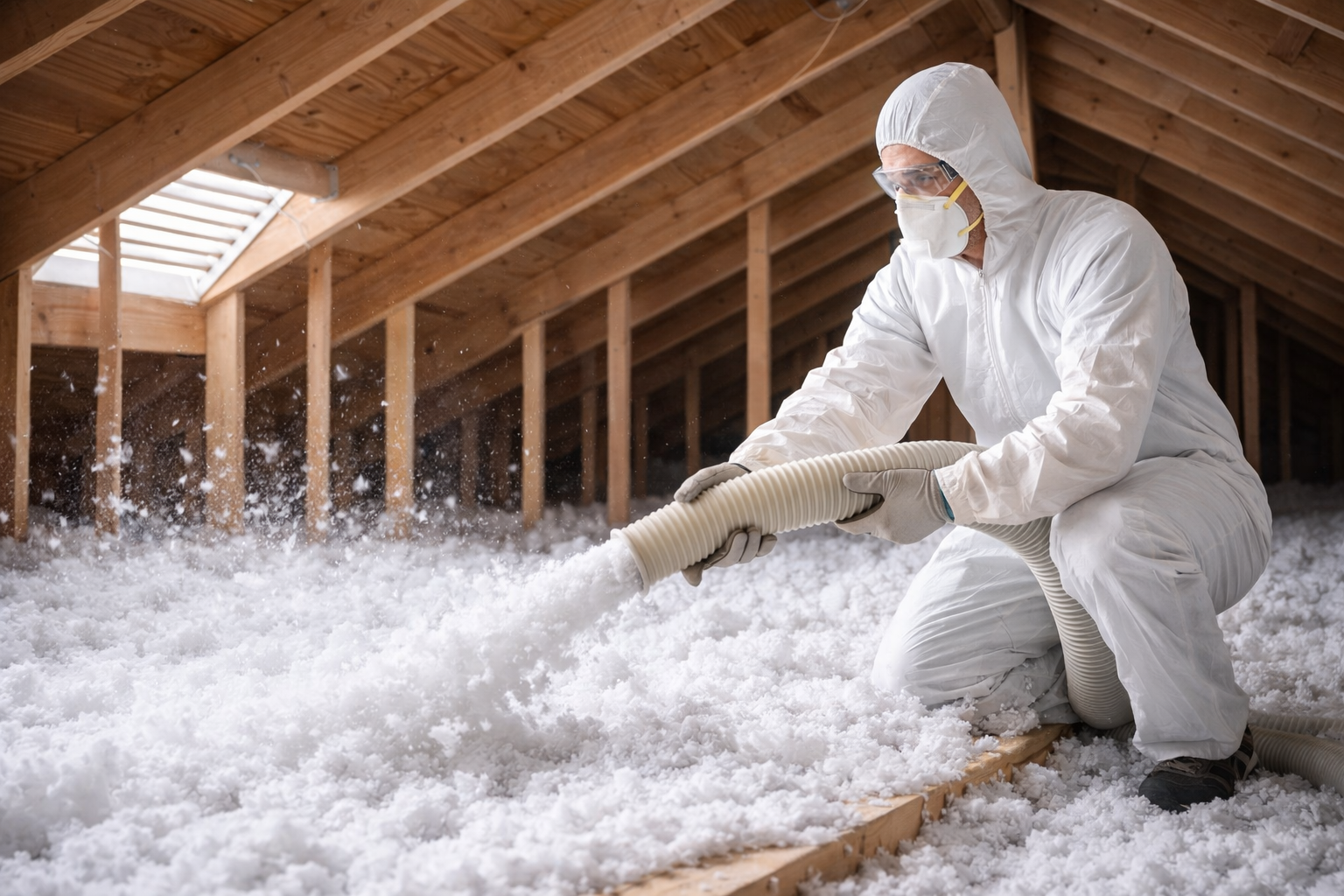 Person in protective suit installing insulation in an attic, using a hose to dispense the material.
