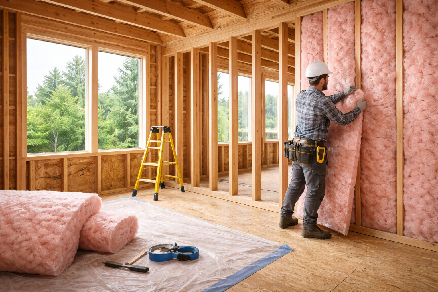 A construction worker installs pink insulation in a wooden-framed room.