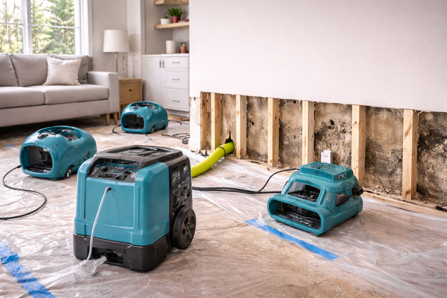 Dehumidifiers drying a water-damaged interior wall in a living room.