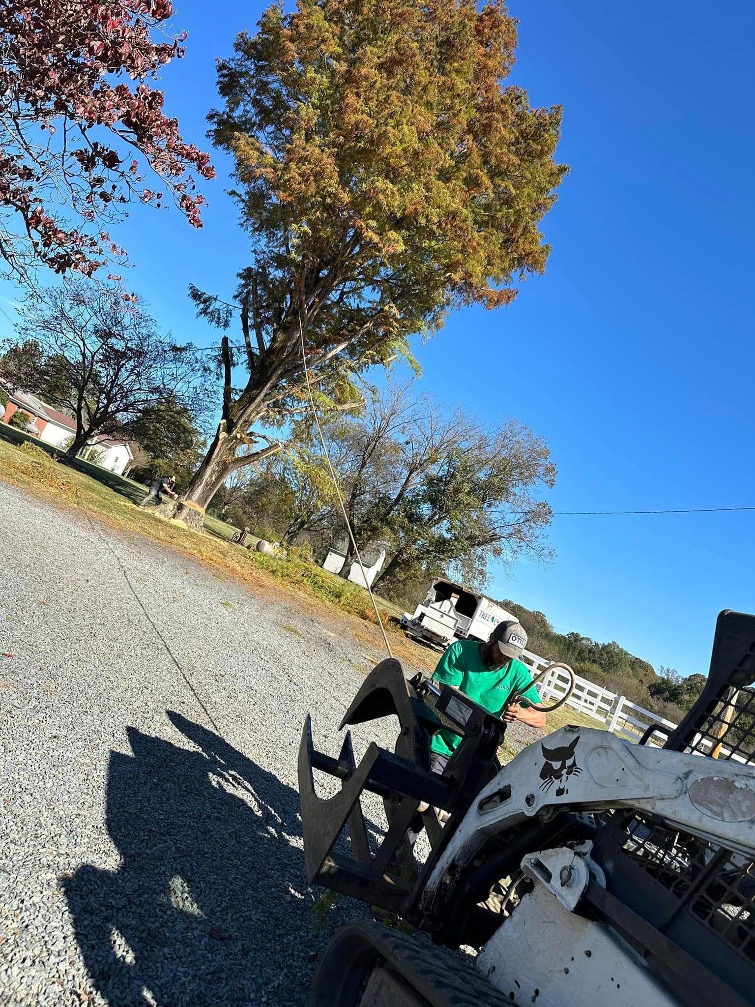 Person operating a skid steer on a gravel driveway with trees and a clear blue sky.