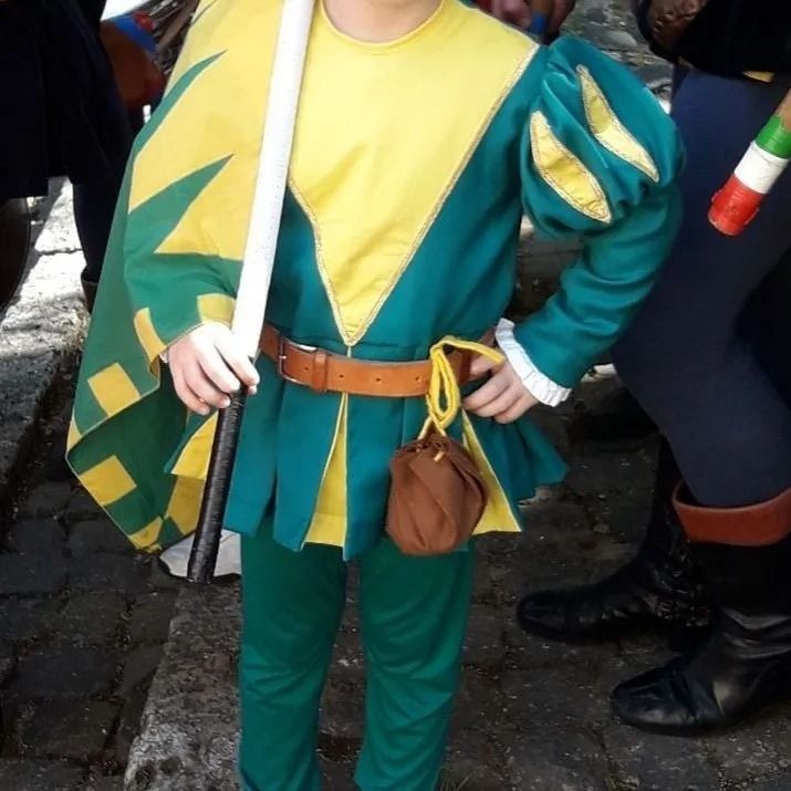 Una persona in costume verde e giallo che tiene una bandiera