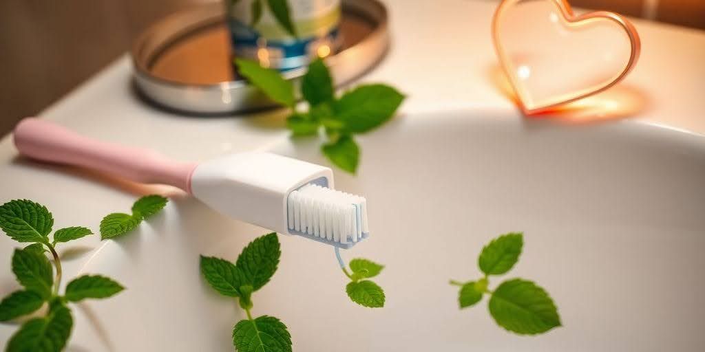 A toothbrush is sitting on a sink next to mint leaves.