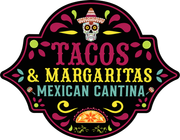Colorful &ldquo;Tacos & Margaritas Mexican Cantina&rdquo; logo on a black background with floral accents