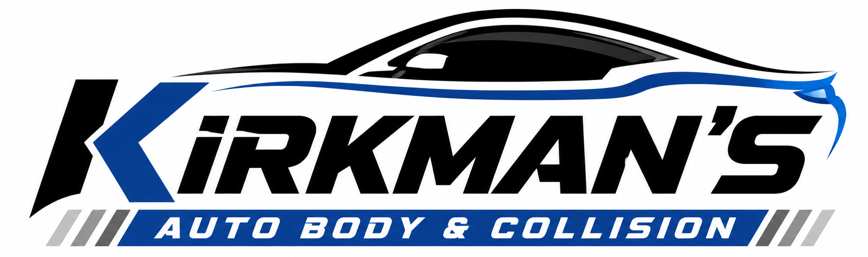 Kirkman&rsquo;s Auto Body & Collision logo with a black and blue car silhouette