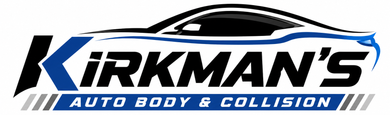 Kirkman’s Auto Body & Collision logo with a black and blue car silhouette