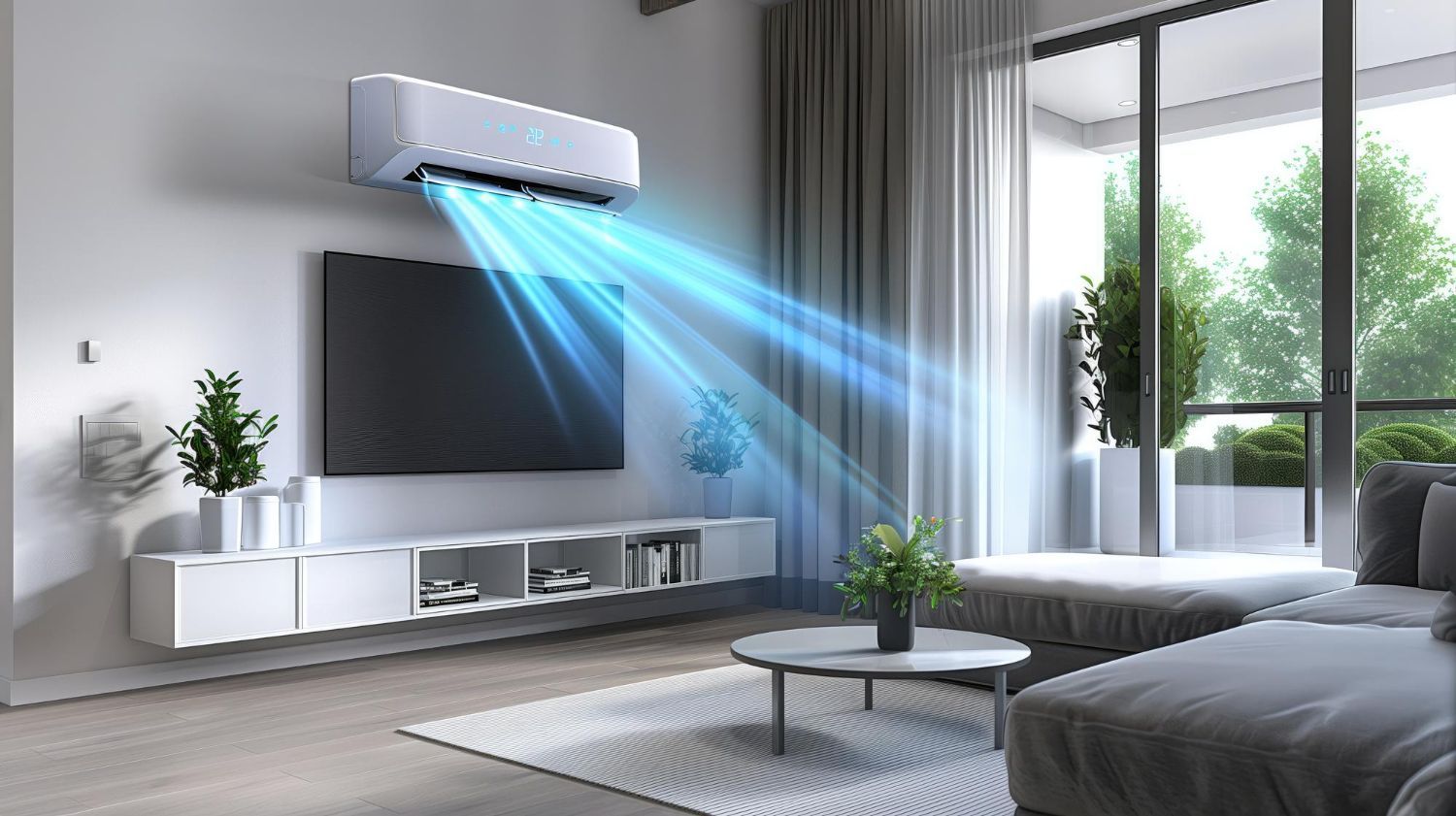 Air conditioner blowing cool air in a modern living room with a TV and sofa.