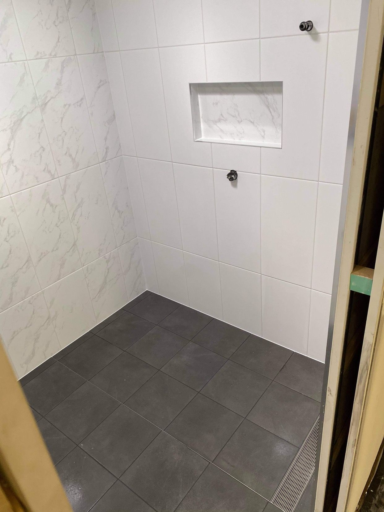 Small Tiled Shower Stall With White Walls — Midcoast Wall & Floor Tiling in Woolgoolga, NSW