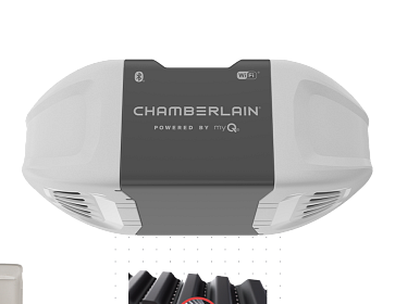 White Chamberlain garage door opener with black center panel and logo, mounted overhead