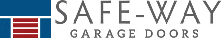 Safe-Way Garage Doors logo with blue, gray, and red striped icon and text