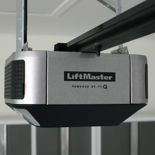 LiftMaster garage door opener unit in gray and black, mounted on a ceiling rail