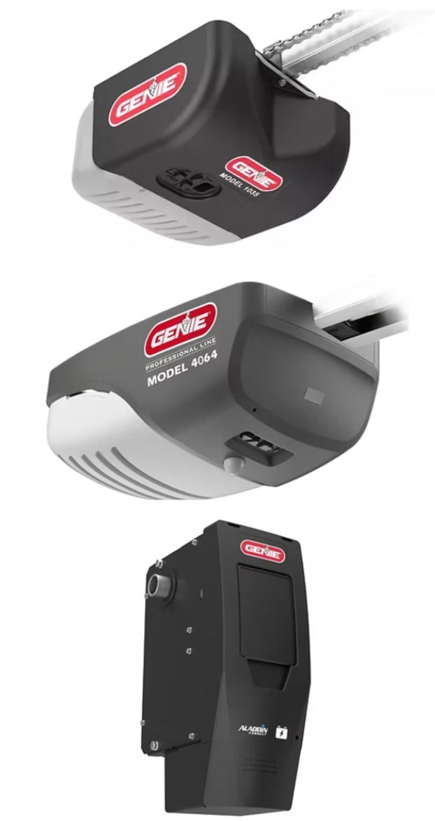 Three black garage door openers on white background, shown from different angles.