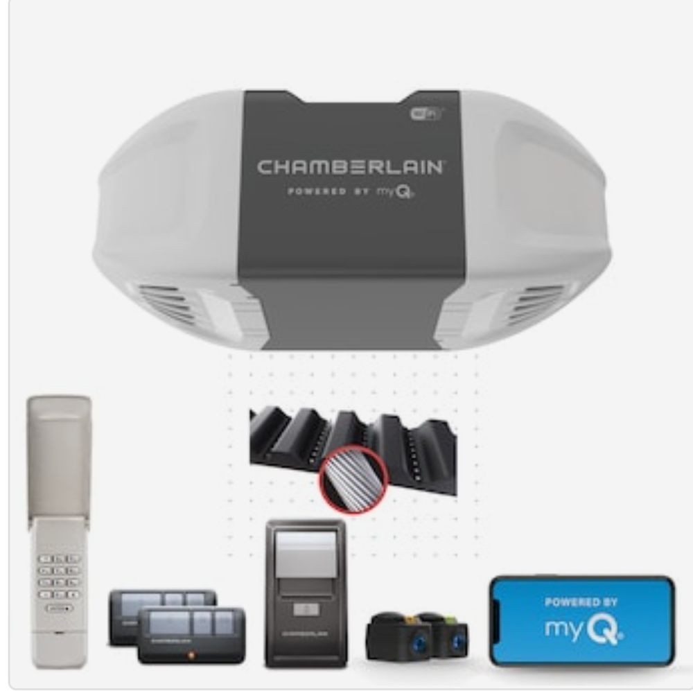 Chamberlain garage door opener with remote controls and myQ smart home devices displayed below