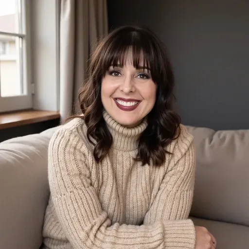 Woman sitting on a wooden chair, smiling in a beige sweater and jeans on a porch.
