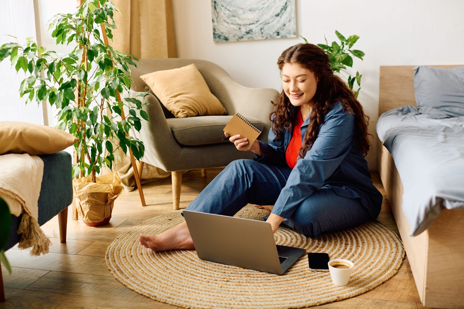 Woman sitting on a rug using a laptop and phone in a cozy living room with plants and cushions