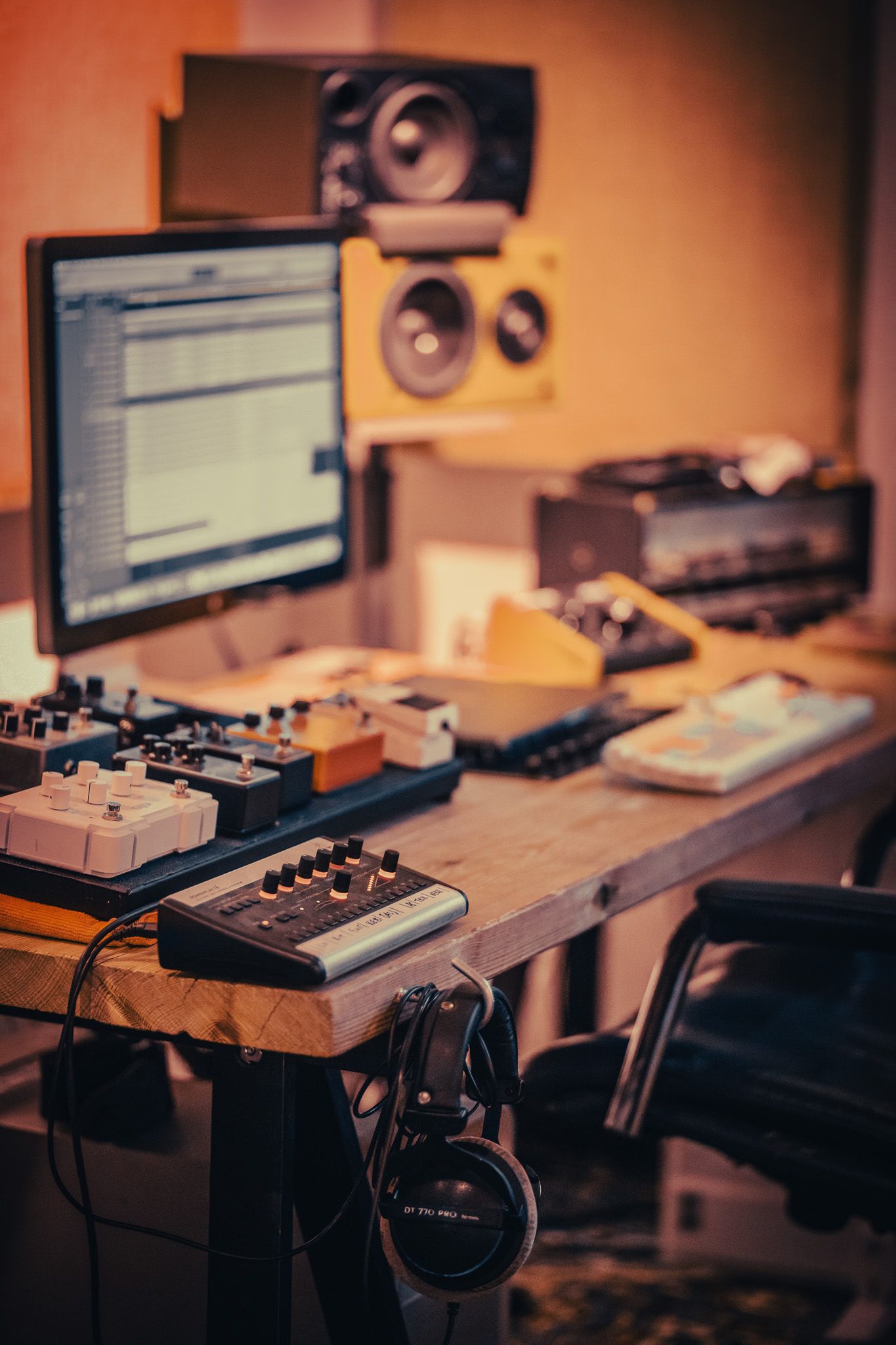 a computer is sitting on top of a wooden desk in a recording studio .
