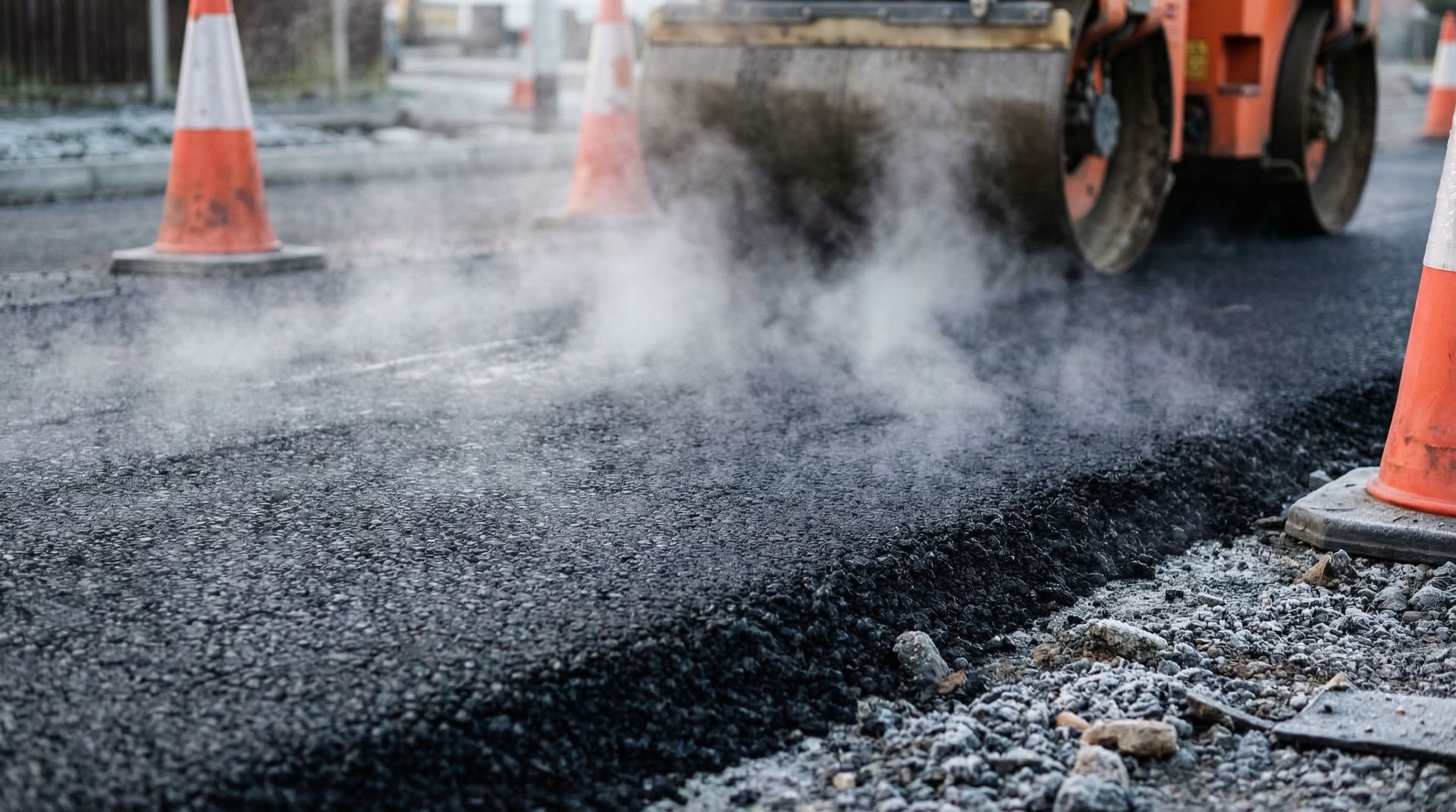 Heavy industrial steamroller machine pressing hot black asphalt.