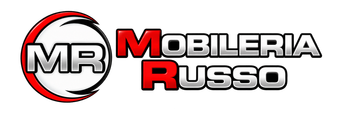 Logo con la scritta «MR Mobbleria Russo» in nero, rosso e grigio, con emblema circolare «MR»