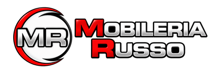 Logo con la scritta «MR Mobbleria Russo» in nero, rosso e grigio, con emblema circolare «MR»