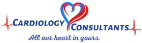 Logo for Cardiology Consultants with heart-shaped design and heartbeat lines. Text: "All our heart in yours."