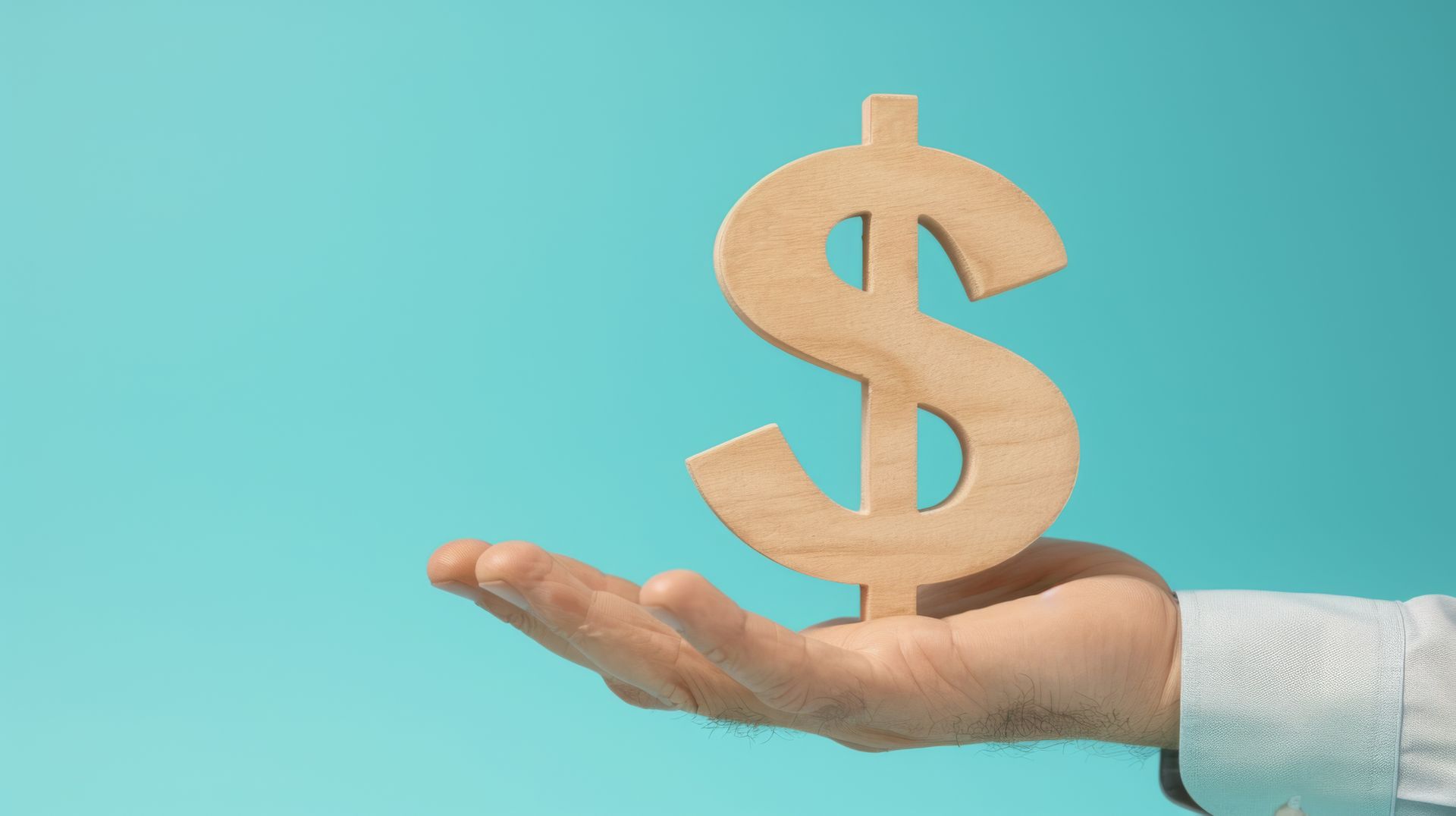 A person is holding a wooden dollar sign in their hand.