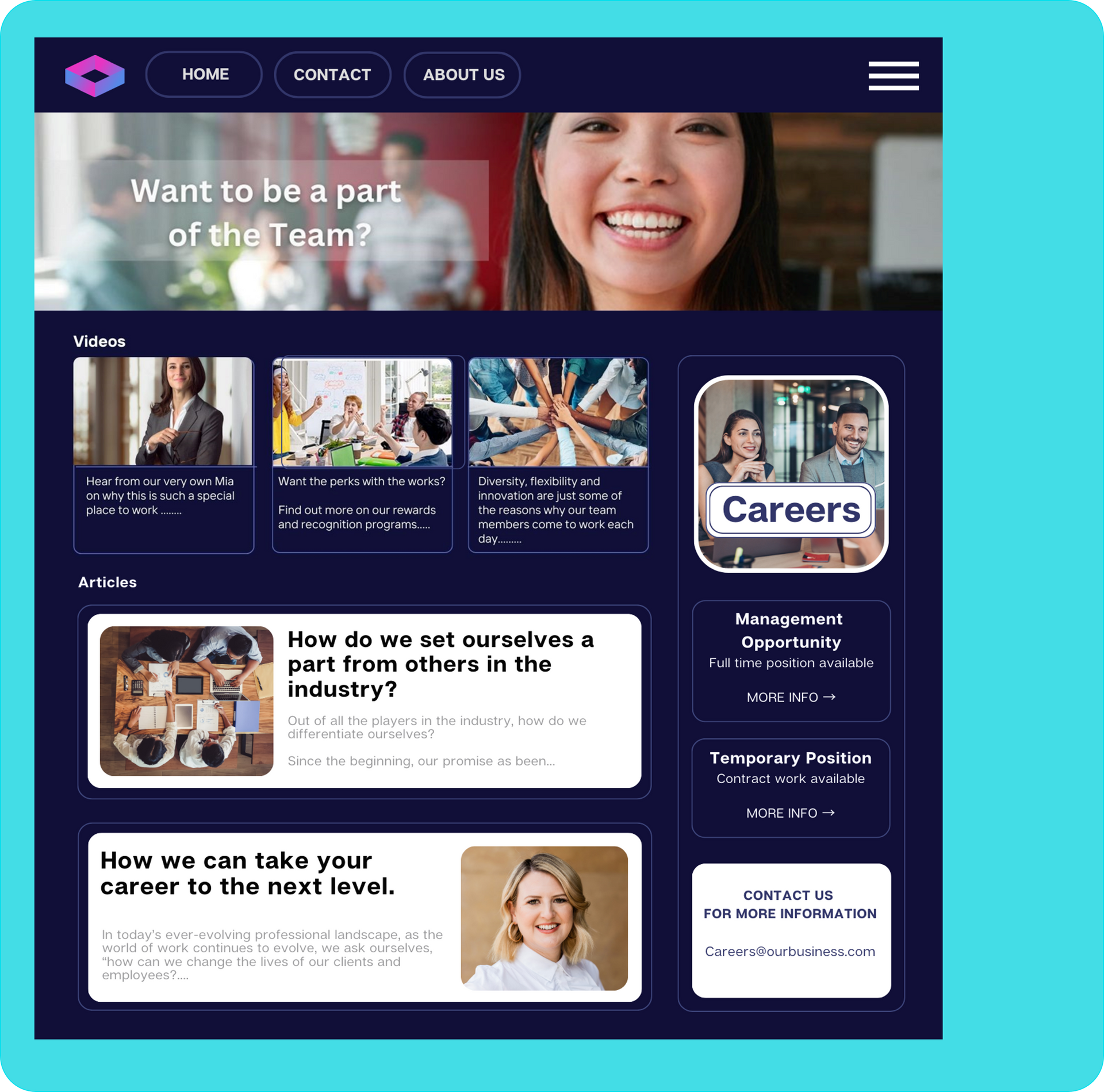 A woman is smiling on a website that says `` want to be a part of the team ? ''