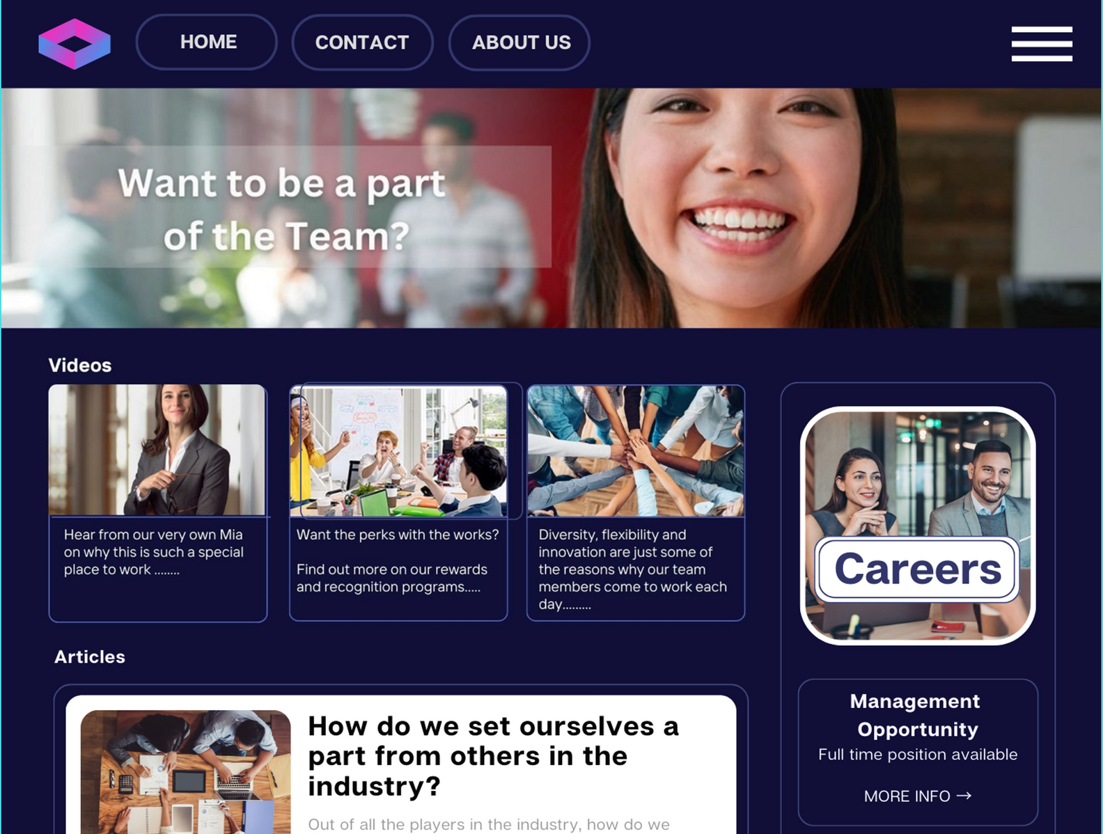A woman is smiling on the homepage of a website.