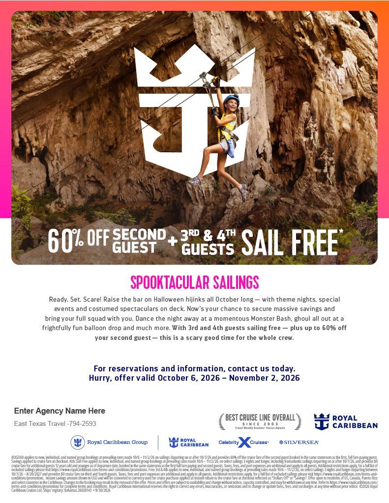 Adventure package ad: rock climber over cave backdrop, bold white text, and discount offer for guided sailing.