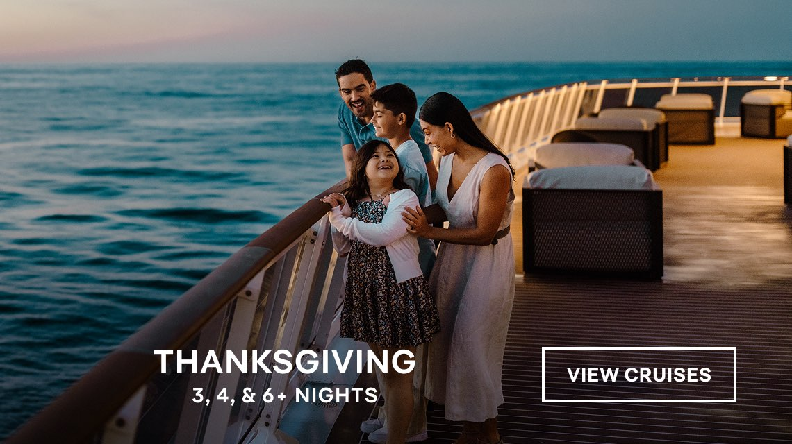 Thanksgiving cruise promo with family on a ship deck at sunset and a “View Cruises” button