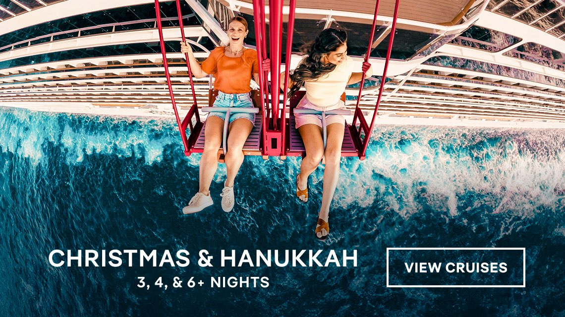 Christmas & Hanukkah cruise promo with two people on a swing over blue water, “View Cruises” button