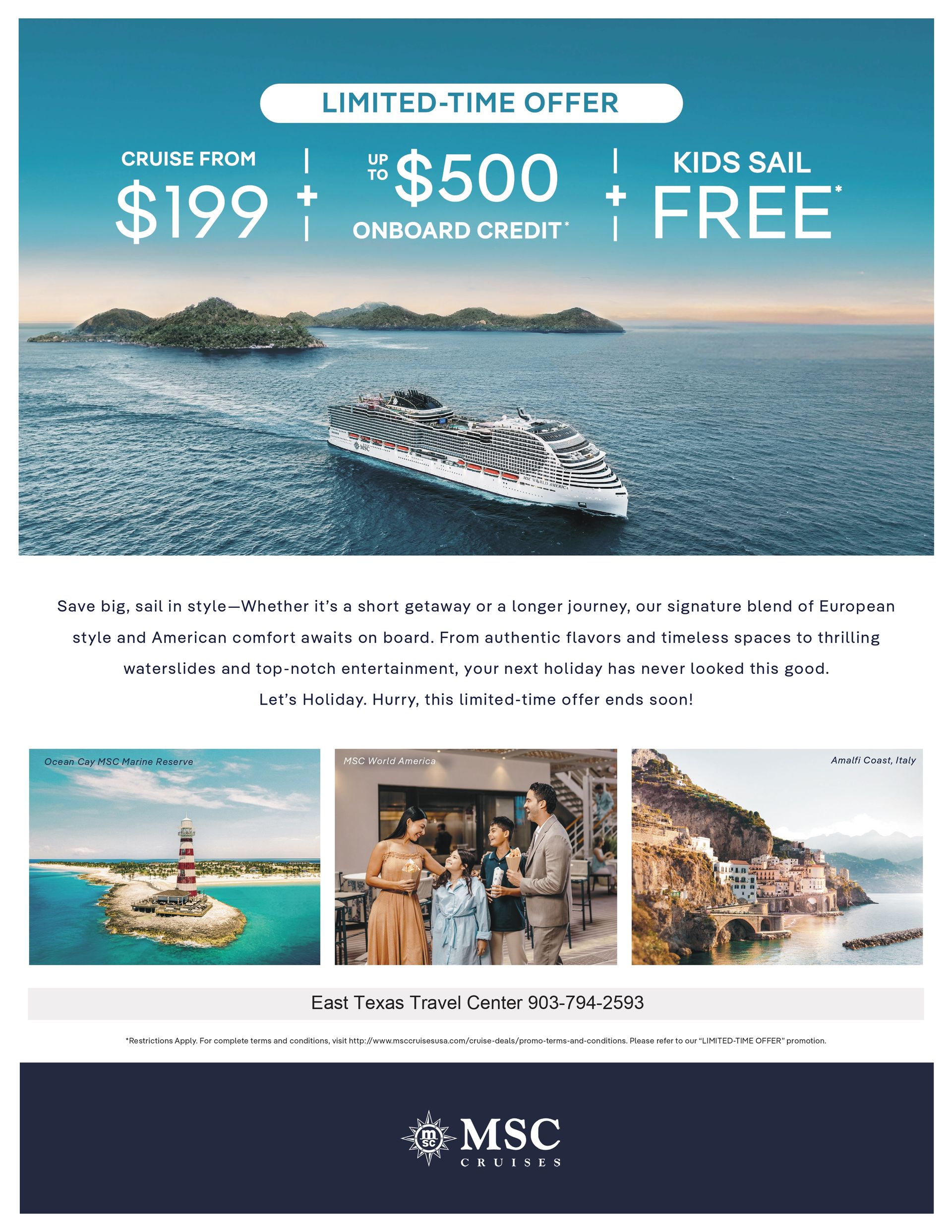 Island Escapes ad with $2,000 credit, free catamaran cruise, and yellow Book Now button over ocean view