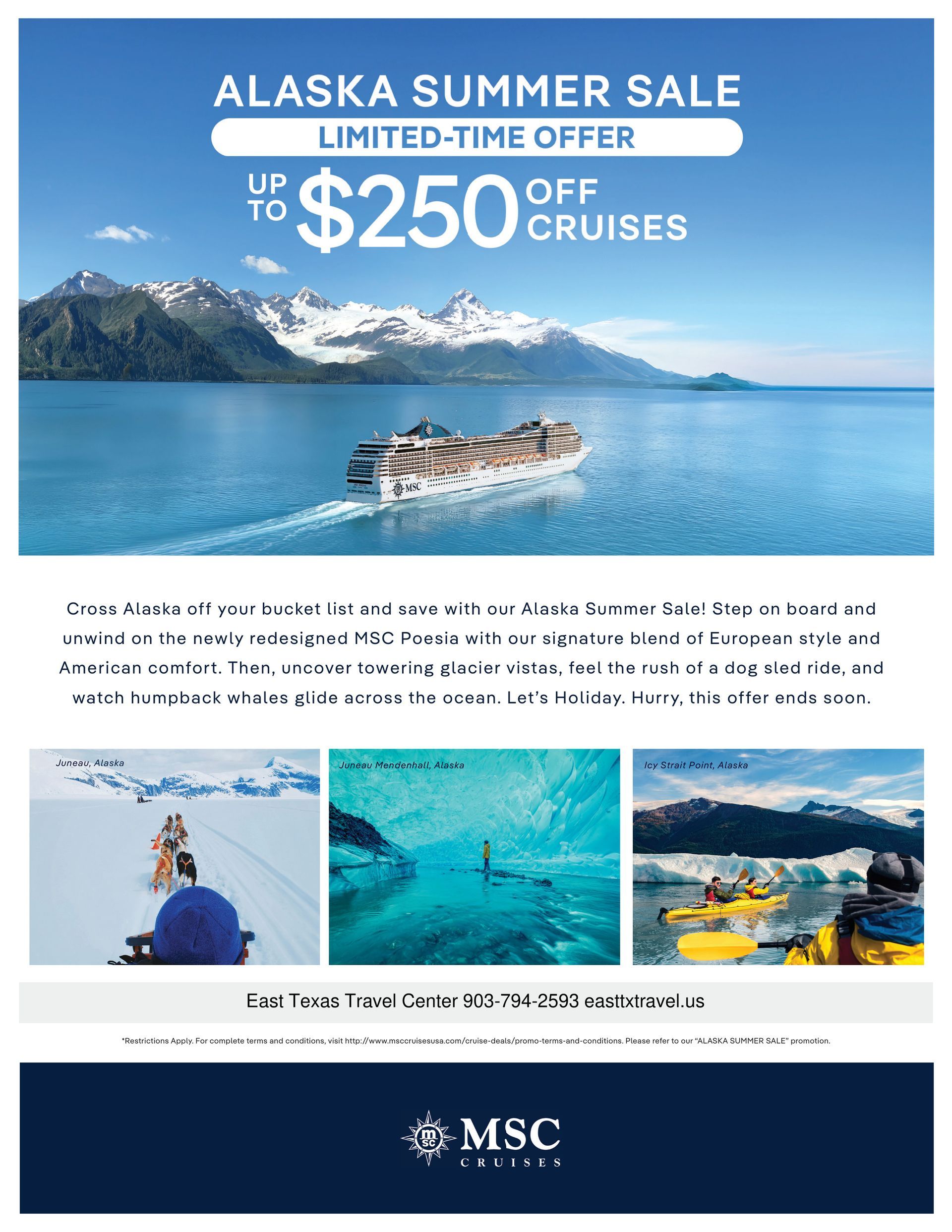 Promotional ad for an Alaska summer cruise sale with a cruise ship in a glacier landscape, offering up to $250 off cruises.