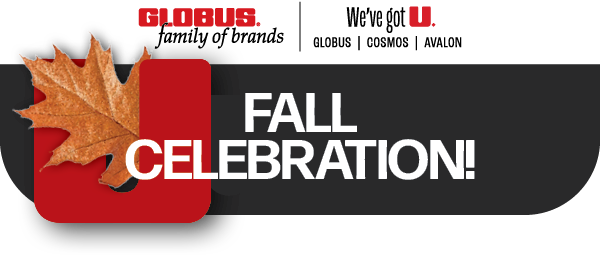 Fall celebration banner with red leaf and Globus family of brands logo on black background