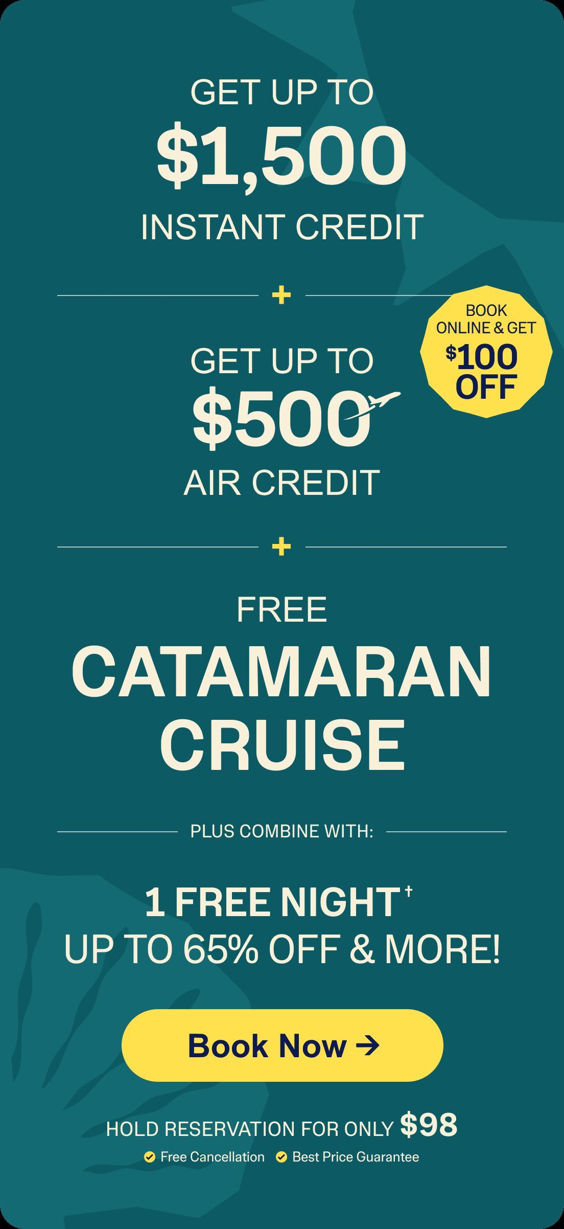 Hotel promo graphic with teal background advertising credit, sign-on bonus, and stay discounts plus Book Now button
